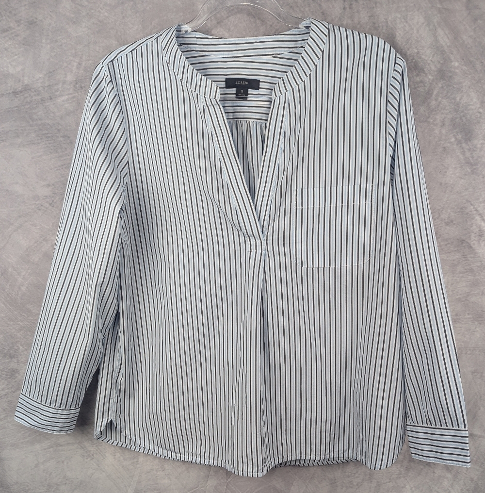 J. Crew Small V-Neck Cotton Poplin Popover Top In Stripes In Black, Blue, White